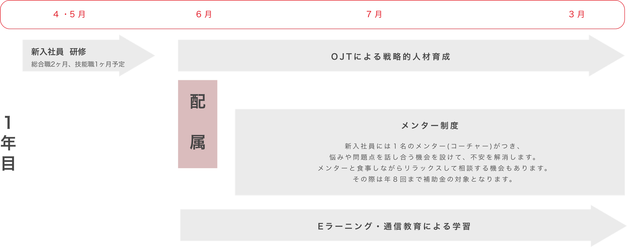 FUJICO 1年目 新入社員 研修 総合職2ヶ月、技能職1ヶ月予定 OJTによる戦略的人材育成 メンター制度 新入社員には１名のメンター(コーチャー)がつき、悩みや問題点を話し合う機会を設けて、不安を解消します。メンターと食事しながらリラックスして相談する機会もあります。その際は年８回まで補助金の対象となります。Eラーニング・通信教育による学習